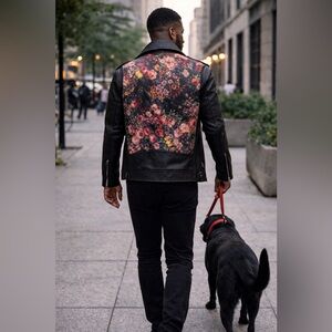Reclaimed Vintage Black Leather Jacket with Back Floral Design